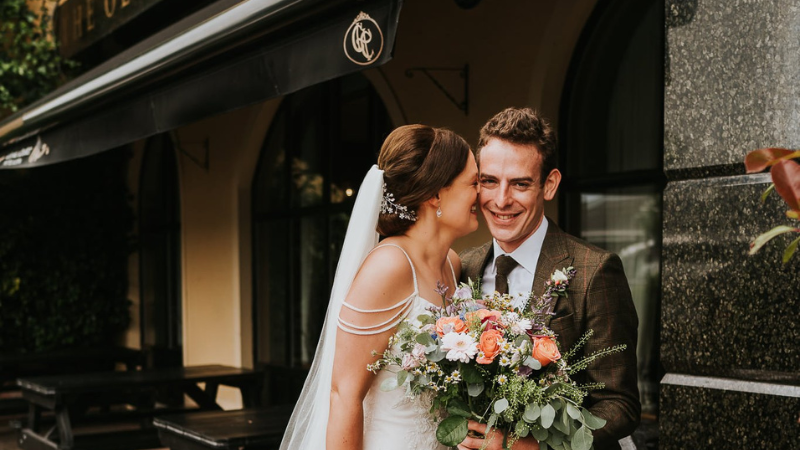 Wedding couple outside Canal Court Hotel